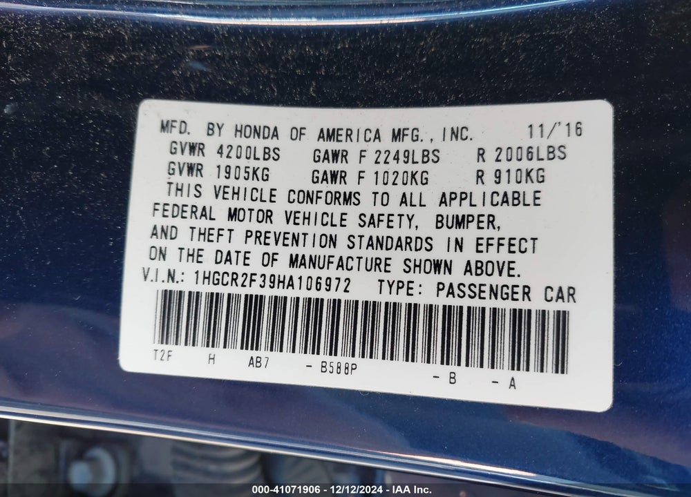 2017 HONDA ACCORD LX VIN: 1HGCR2F39HA106972