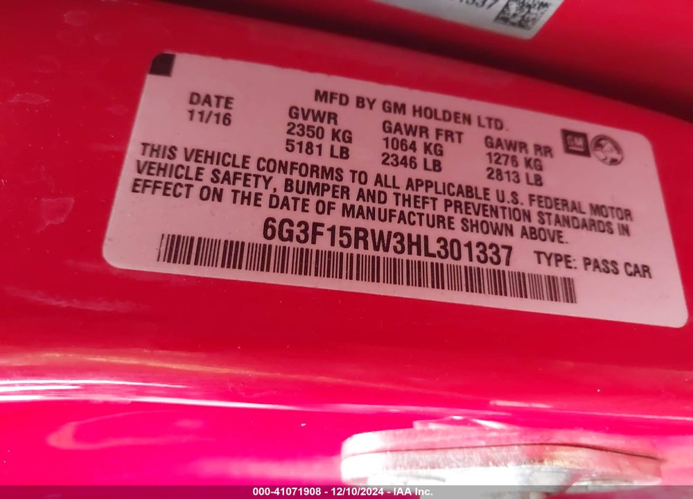 2017 CHEVROLET SS VIN: 6G3F15RW3HL301337