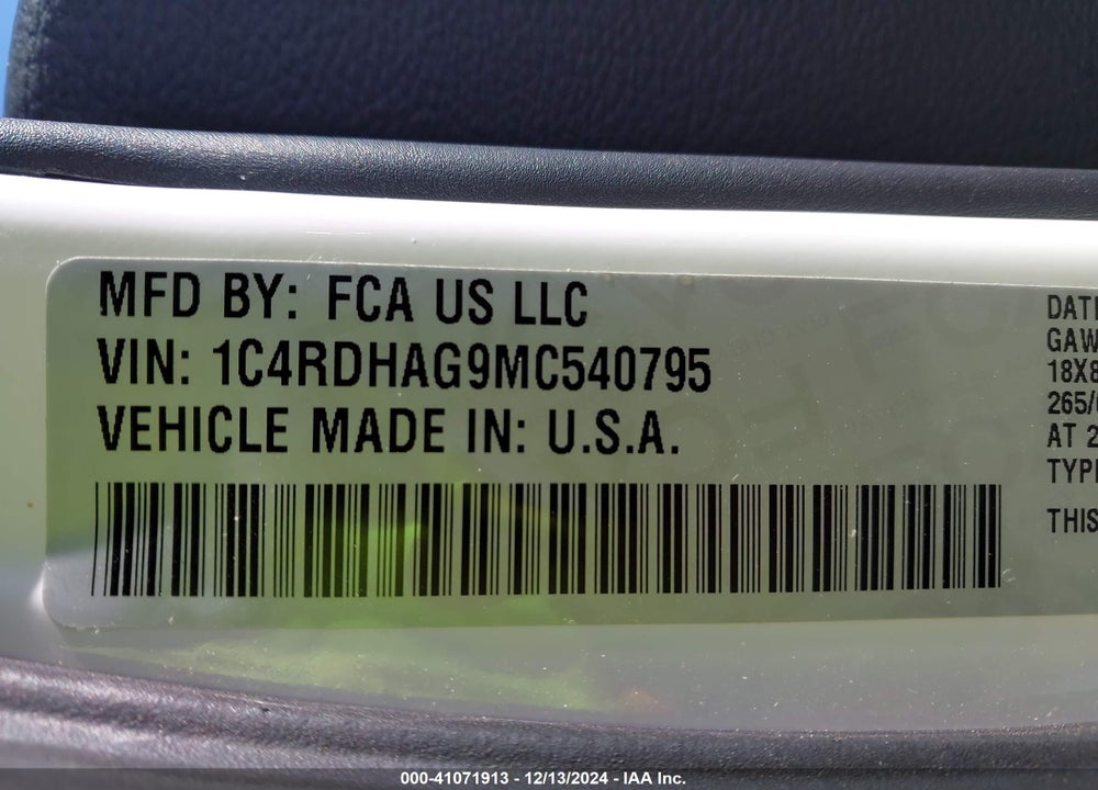 2021 DODGE DURANGO SXT RWD VIN: 1C4RDHAG9MC540795