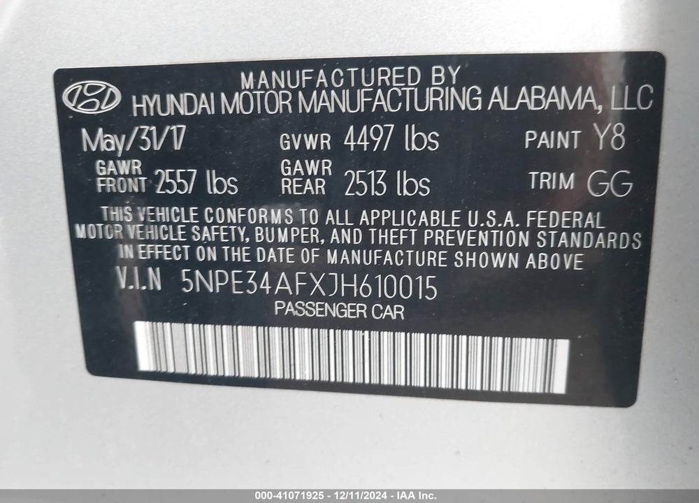 2018 HYUNDAI SONATA SEL VIN: 5NPE34AFXJH610015