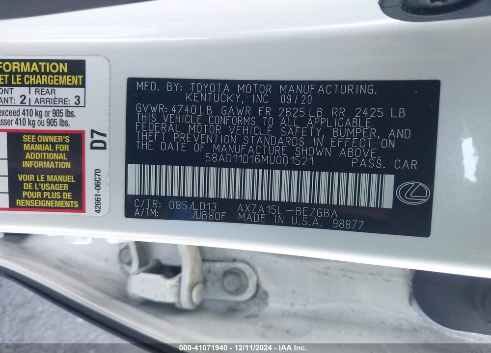 2021 LEXUS ES 250 VIN: 58AD11D16MU001521