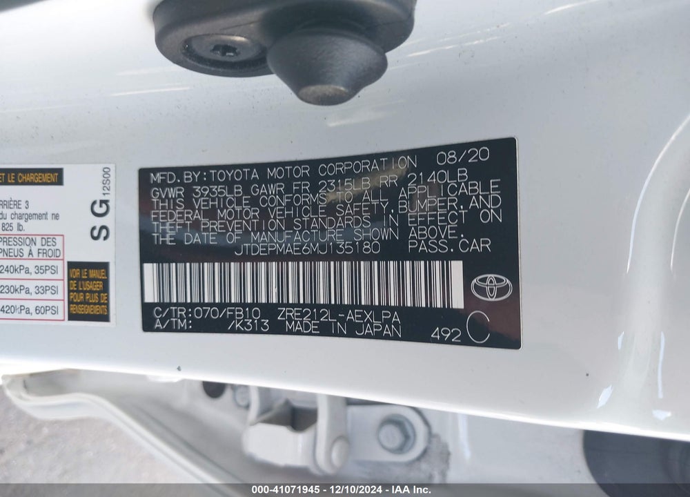2021 TOYOTA COROLLA VIN: JTDEPMAE6MJ135180