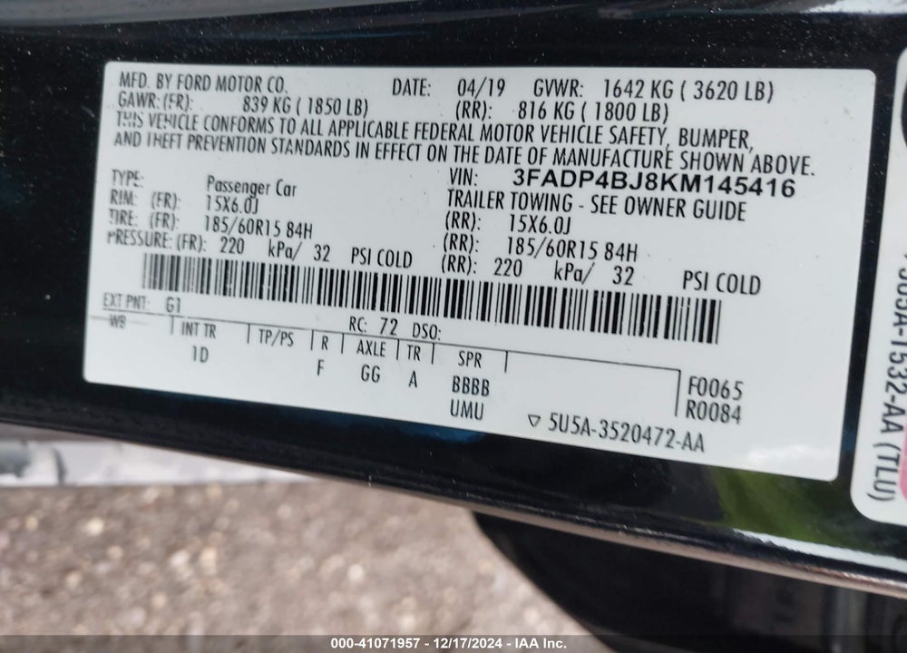 2019 FORD FIESTA SE VIN: 3FADP4BJ8KM145416