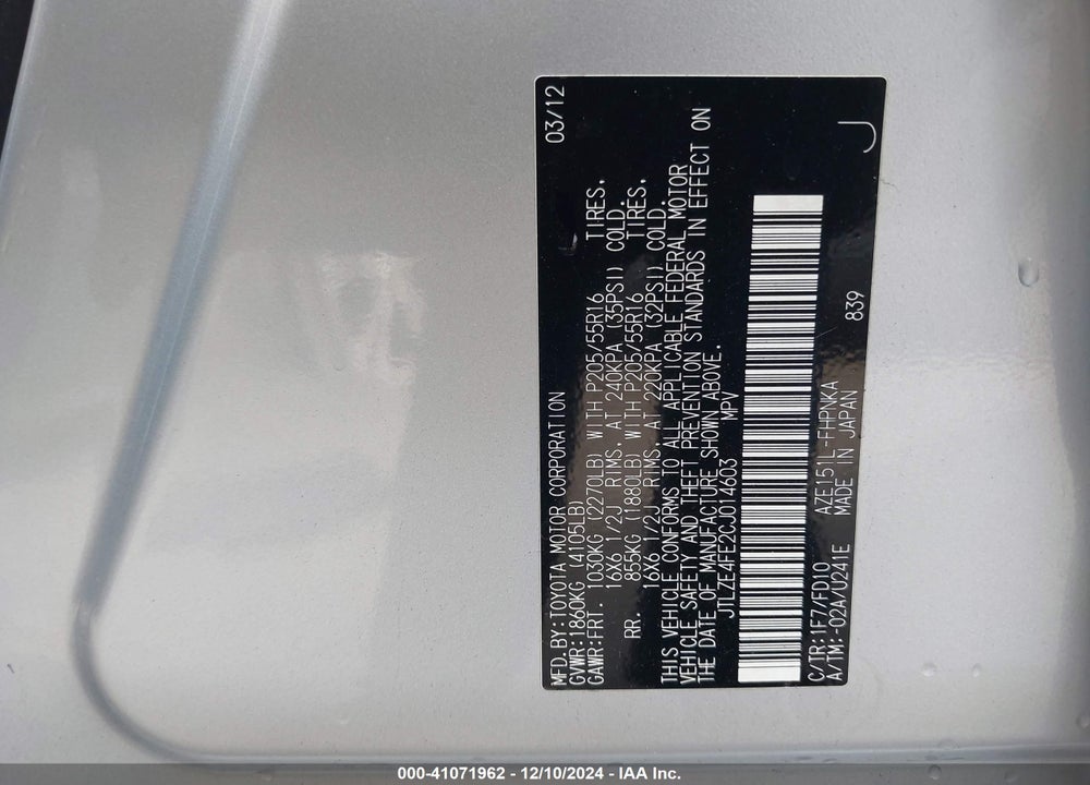 2012 SCION XB VIN: JTLZE4FE2CJ014603