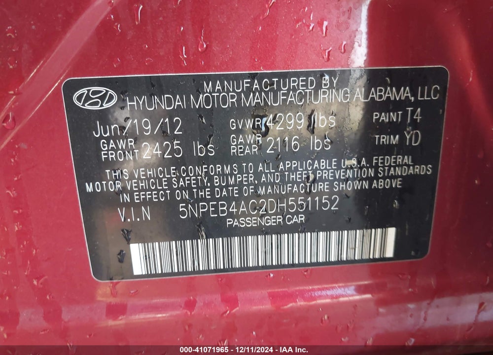 2013 HYUNDAI SONATA GLS VIN: 5NPEB4AC2DH551152