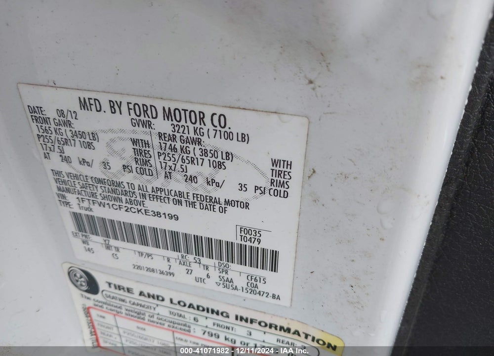 2012 FORD F-150 XL VIN: 1FTFW1CF2CKE38199