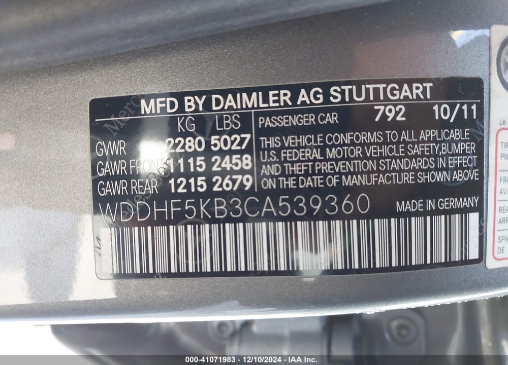 2012 MERCEDES-BENZ E 350 VIN: WDDHF5KB3CA539360