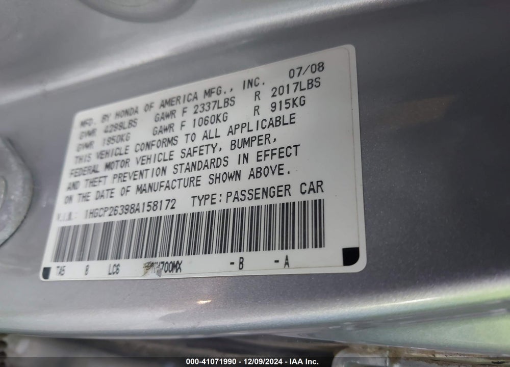 2008 HONDA ACCORD 2.4 LX VIN: 1HGCP26398A158172