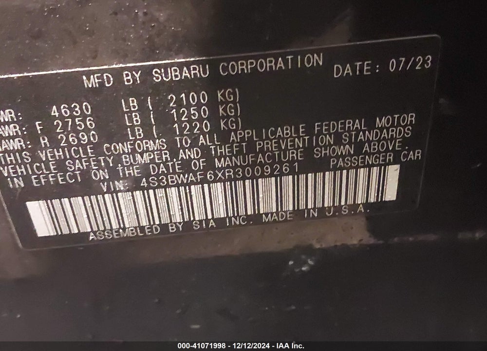 2024 SUBARU LEGACY VIN: 4S3BWAF6XR3009261