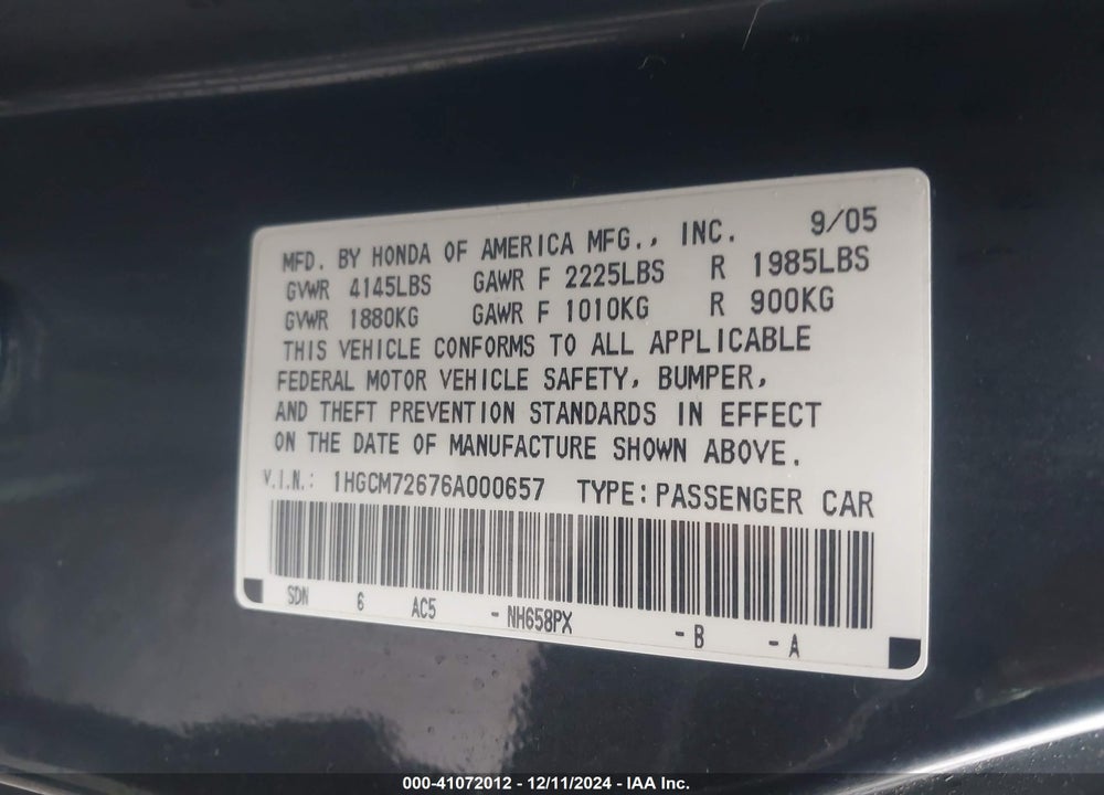 2006 HONDA ACCORD 2.4 EX VIN: 1HGCM72676A000657