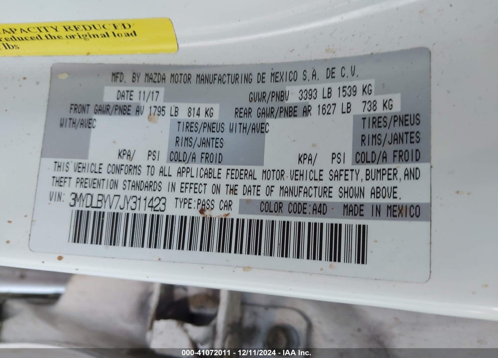 2018 TOYOTA YARIS IA VIN: 3MYDLBYV7JY311423