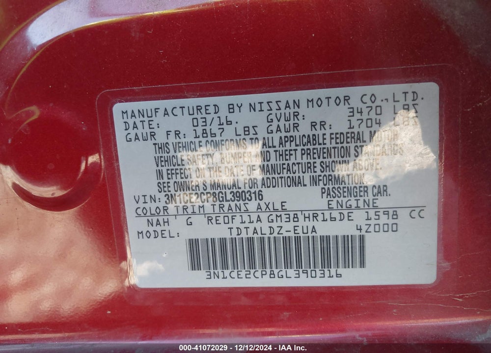 2016 NISSAN VERSA NOTE S (SR)/S PLUS/SL/SR/SV VIN: 3N1CE2CP8GL390316