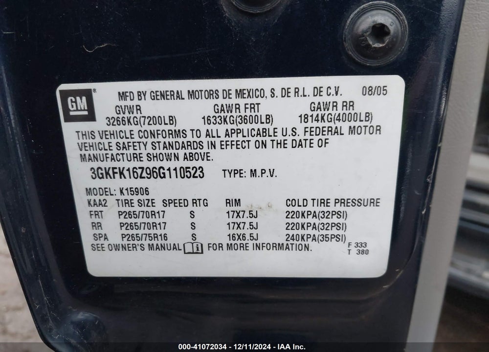 2006 GMC YUKON XL 1500 SLT VIN: 3GKFK16Z96G110523