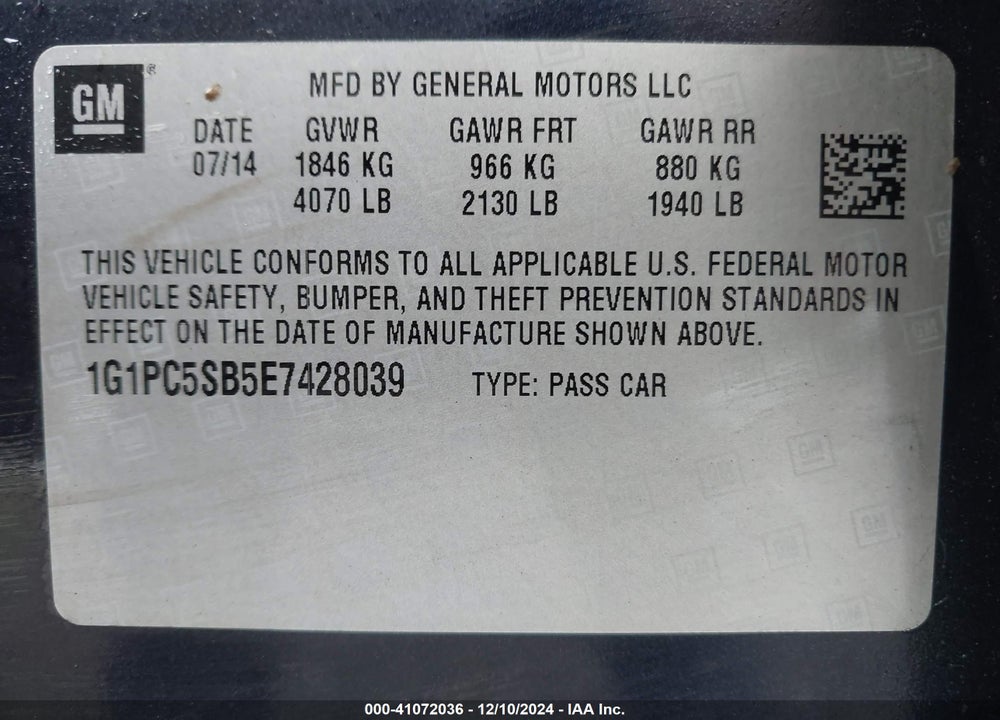 2014 CHEVROLET CRUZE 1LT AUTO VIN: 1G1PC5SB5E7428039
