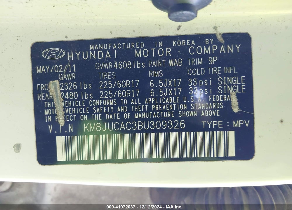 2011 HYUNDAI TUCSON GLS VIN: KM8JUCAC3BU309326