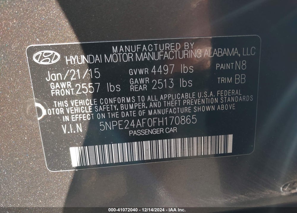 2015 HYUNDAI SONATA SE VIN: 5NPE24AF0FH170865