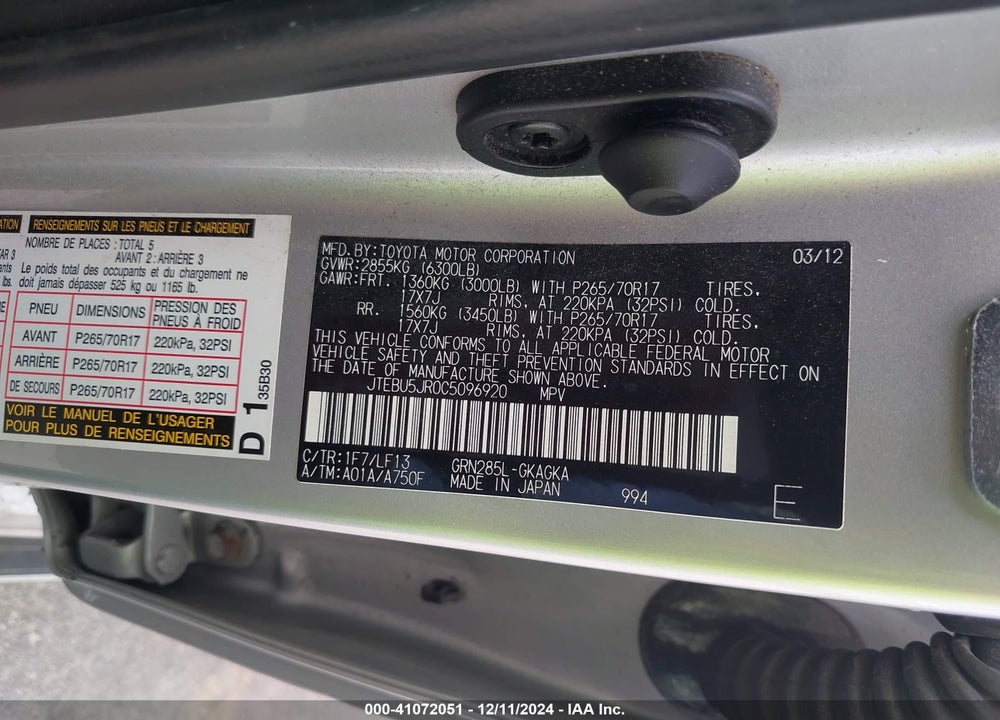 2012 TOYOTA 4RUNNER SR5/LIMITED/TRAIL VIN: JTEBU5JR0C5096920