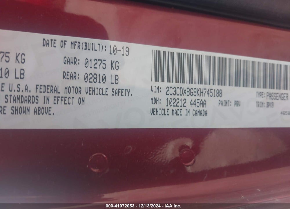 2019 DODGE CHARGER VIN: 2C3CDXBG9KH745188