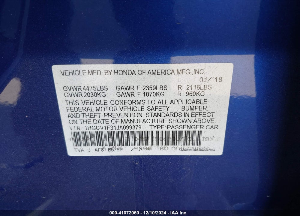 2018 HONDA ACCORD SPORT VIN: 1HGCV1F31JA099379