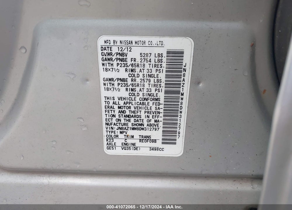 2013 NISSAN MURANO S VIN: JN8AZ1MW8DW312797