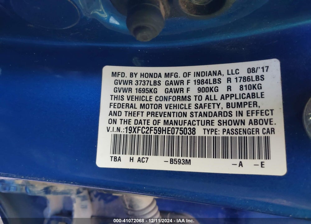 2017 HONDA CIVIC VIN: 19XFC2F59HE075038