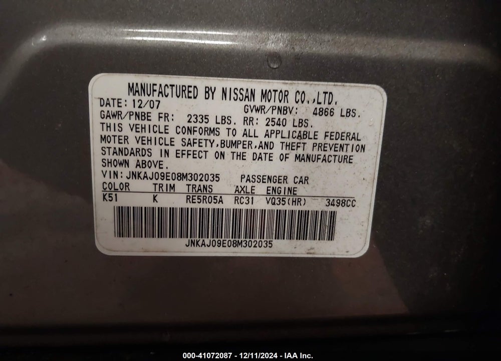 2008 INFINITI EX35 JOURNEY VIN: JNKAJ09E08M302035