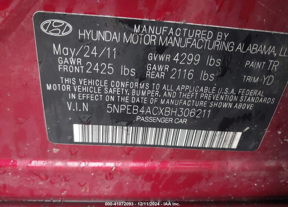 2011 HYUNDAI SONATA GLS VIN: 5NPEB4ACXBH306211