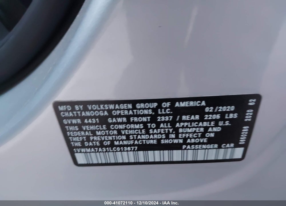 2020 VOLKSWAGEN PASSAT 2.0T R-LINE VIN: 1VWMA7A31LC013677