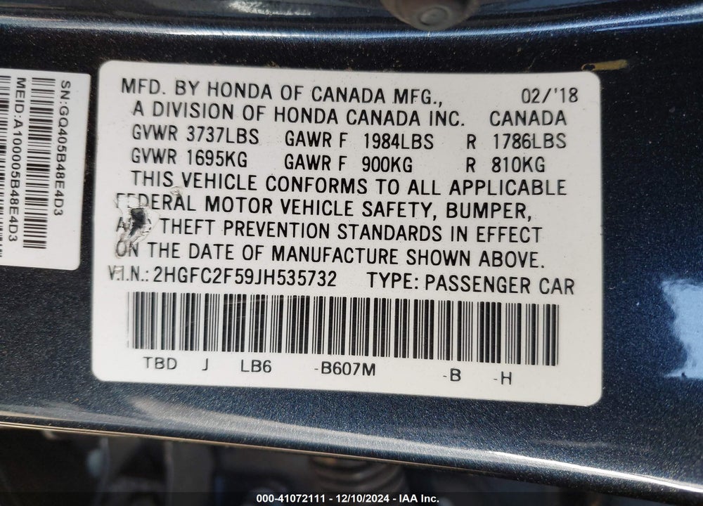 2018 HONDA CIVIC LX VIN: 2HGFC2F59JH535732