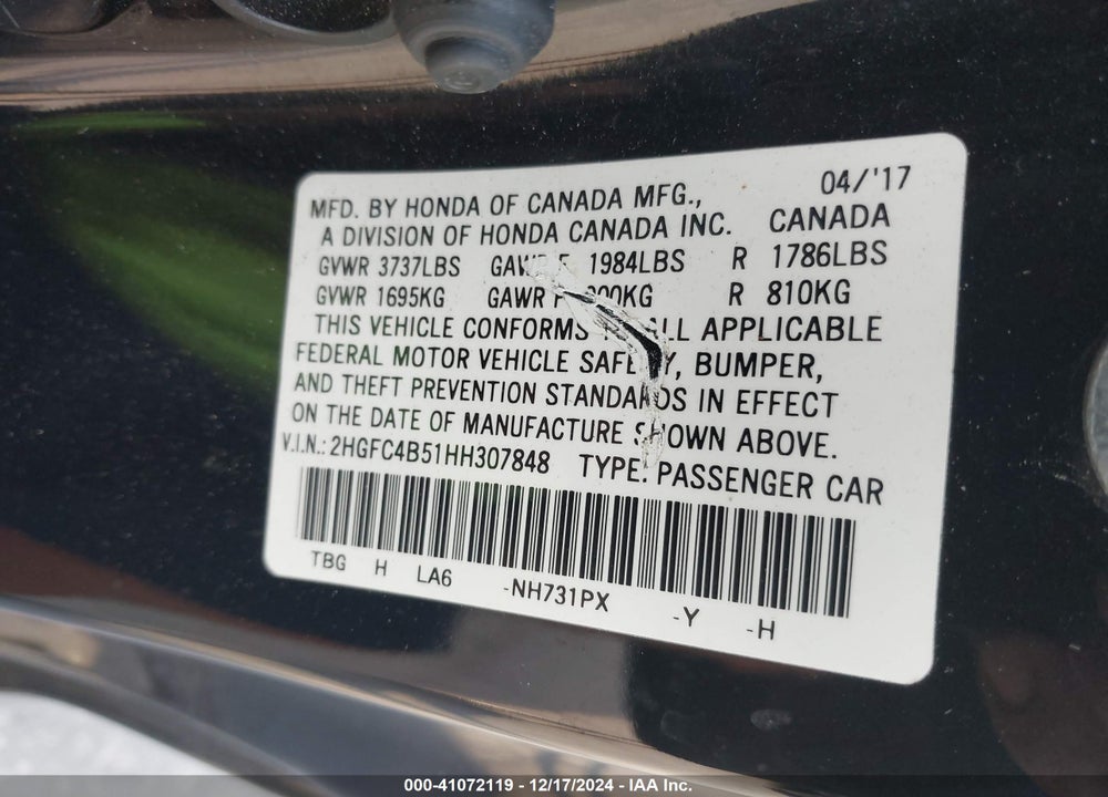 2017 HONDA CIVIC VIN: 2HGFC4B51HH307848