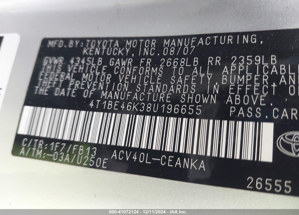 2008 TOYOTA CAMRY LE VIN: 4T1BE46K38U196655