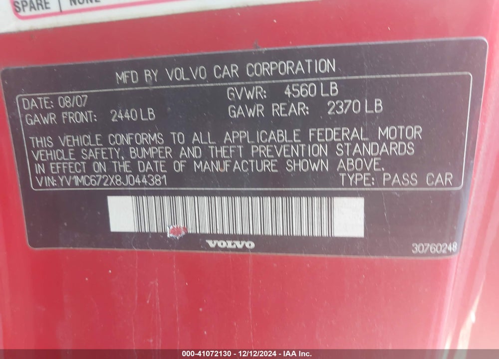 2008 VOLVO C70 T5 VIN: YV1MC672X8J044381