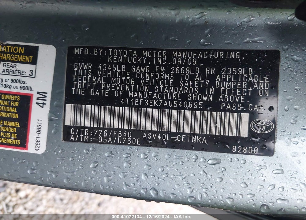 2010 TOYOTA CAMRY LE VIN: 4T1BF3EK7AU540695