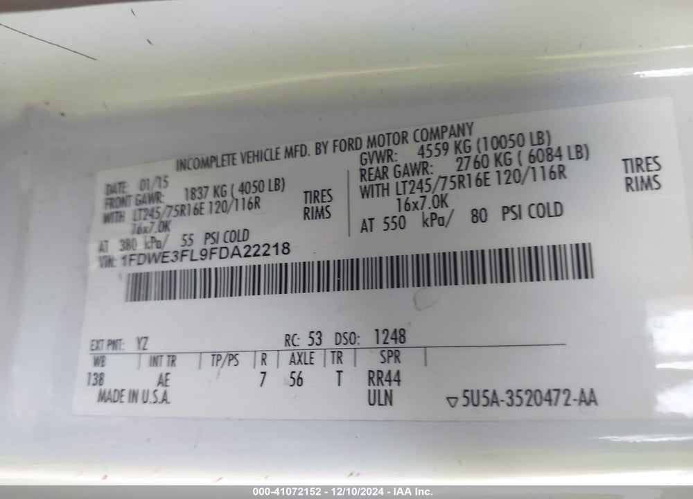 2015 FORD E-350 CUTAWAY VIN: 1FDWE3FL9FDA22218