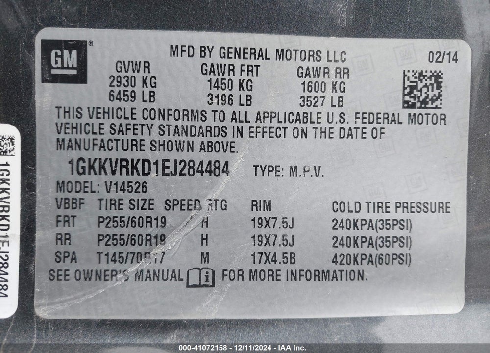 2014 GMC ACADIA SLT-1 VIN: 1GKKVRKD1EJ284484