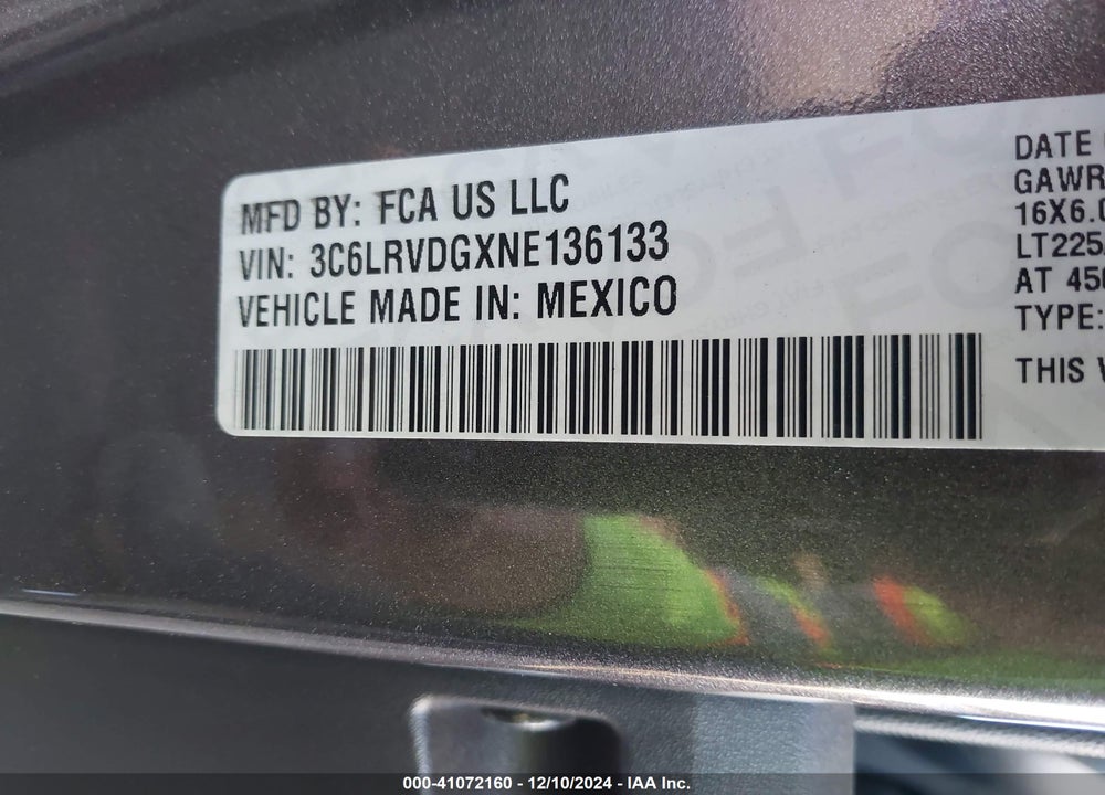 2022 RAM PROMASTER 2500 HIGH ROOF 159 WB VIN: 3C6LRVDGXNE136133