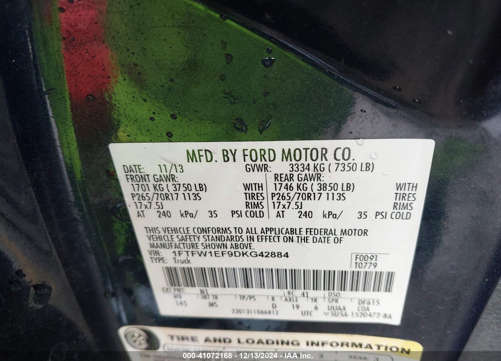 2013 FORD F-150 XLT VIN: 1FTFW1EF9DKG42884