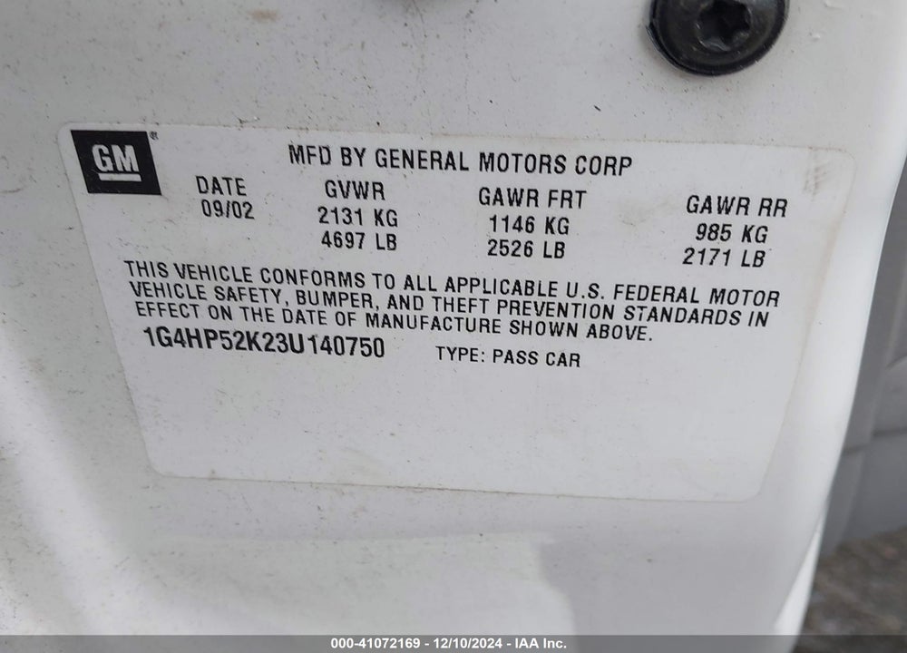 2003 BUICK LESABRE CUSTOM VIN: 1G4HP52K23U140750