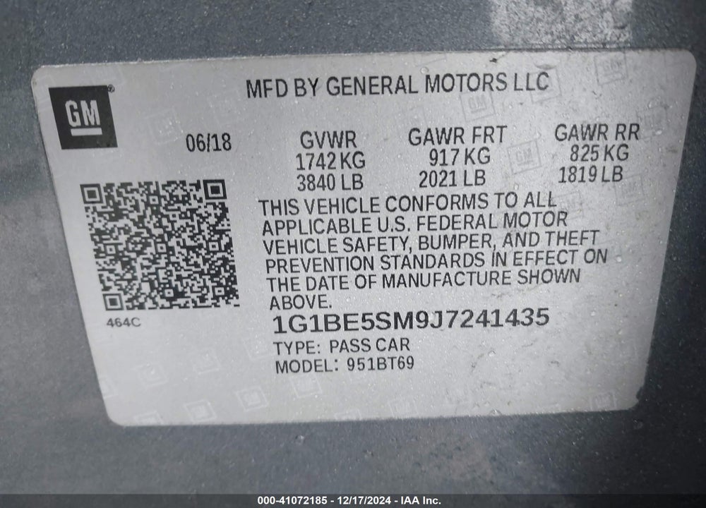 2018 CHEVROLET CRUZE LT AUTO VIN: 1G1BE5SM9J7241435