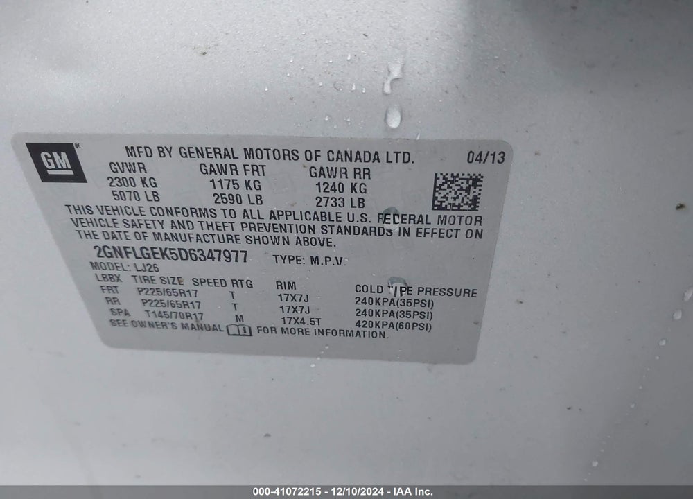 2013 CHEVROLET EQUINOX LTZ VIN: 2GNFLGEK5D6347977