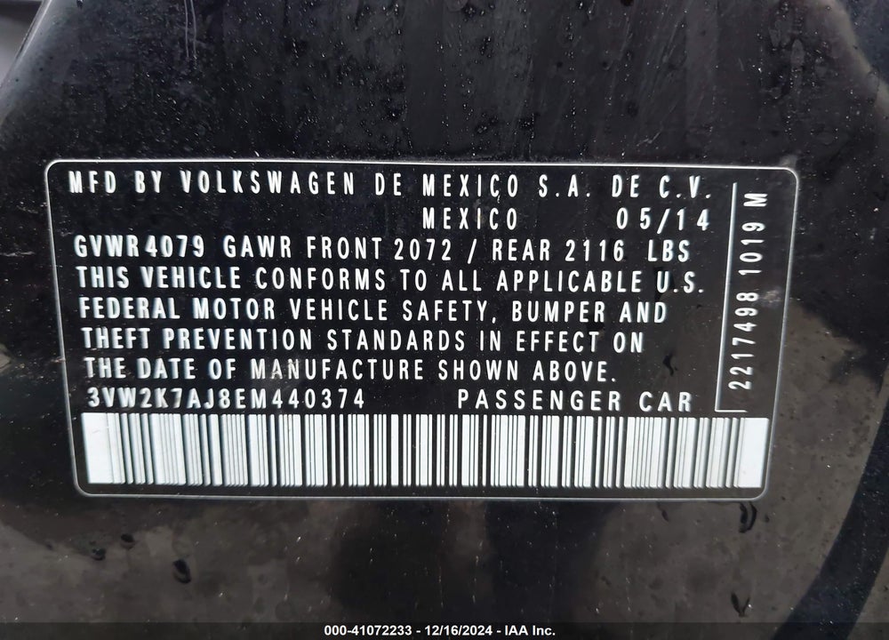 2014 VOLKSWAGEN JETTA 2.0L S VIN: 3VW2K7AJ8EM440374
