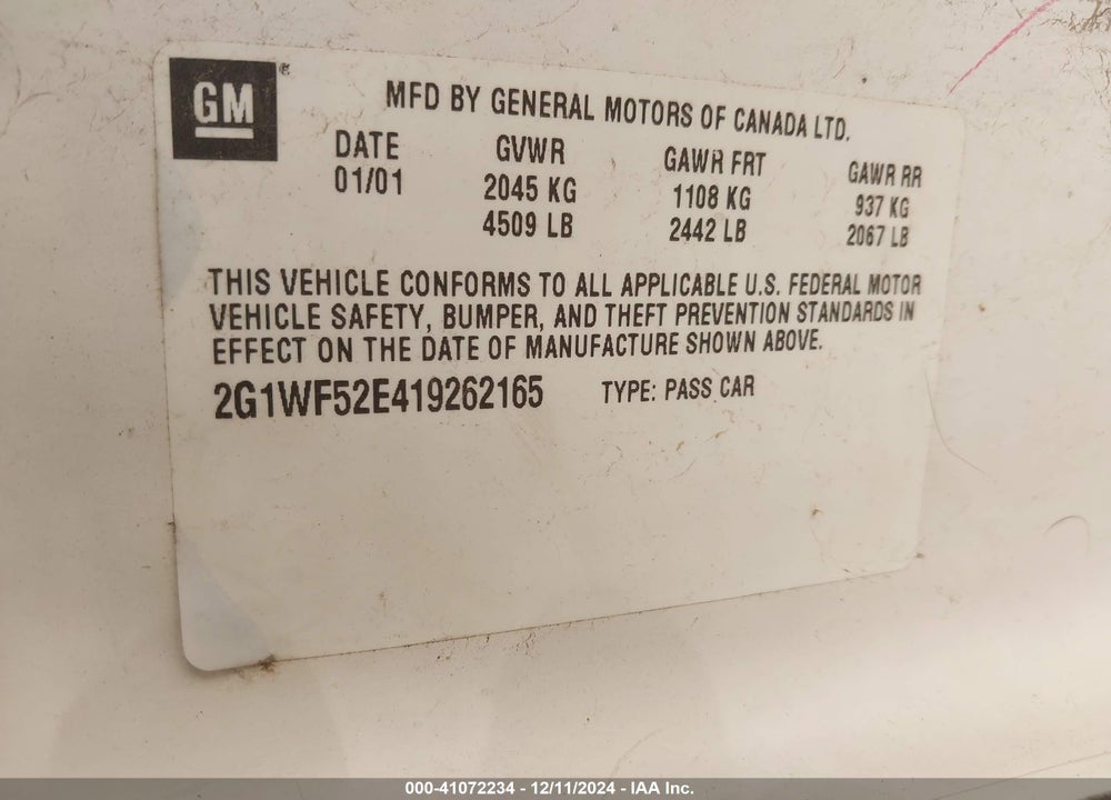 2001 CHEVROLET IMPALA VIN: 2G1WF52E419262165