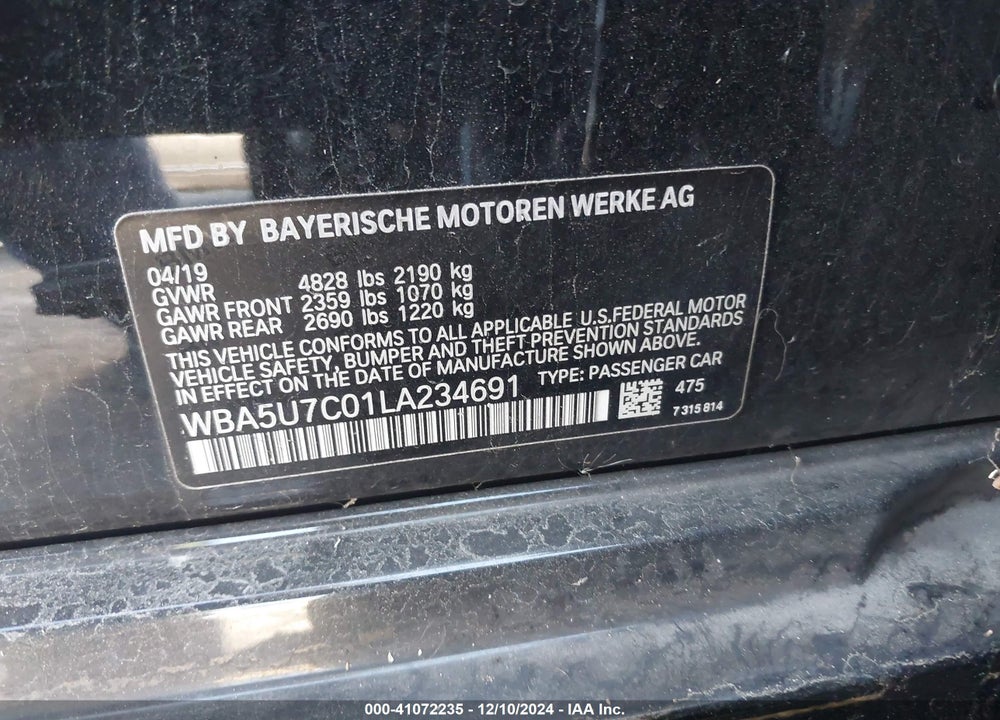 2020 BMW 3 SERIES VIN: WBA5U7C01LA234691