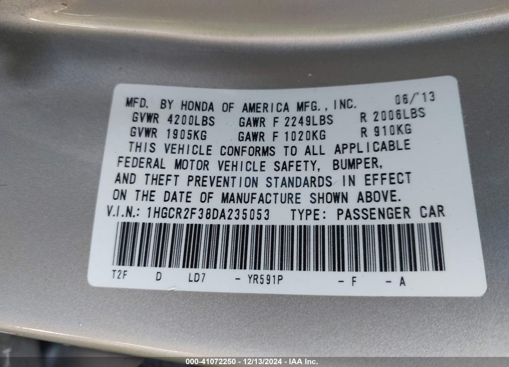 2013 HONDA ACCORD LX VIN: 1HGCR2F38DA235053