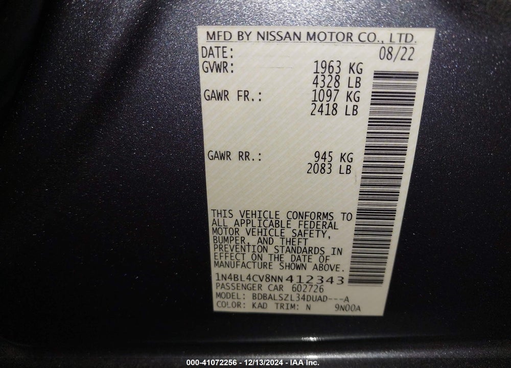 2022 NISSAN ALTIMA VIN: 1N4BL4CV8NN412343