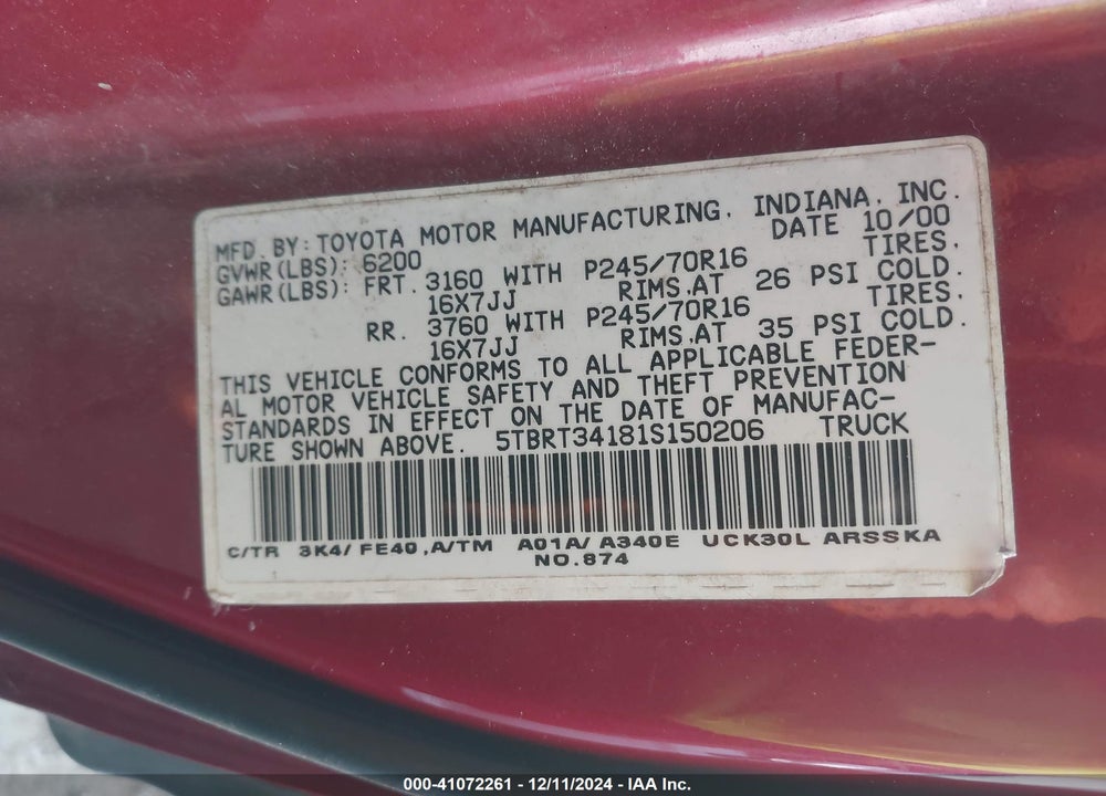 2001 TOYOTA TUNDRA ACCESS CAB/ACCESS CAB SR5 VIN: 5TBRT34181S150206