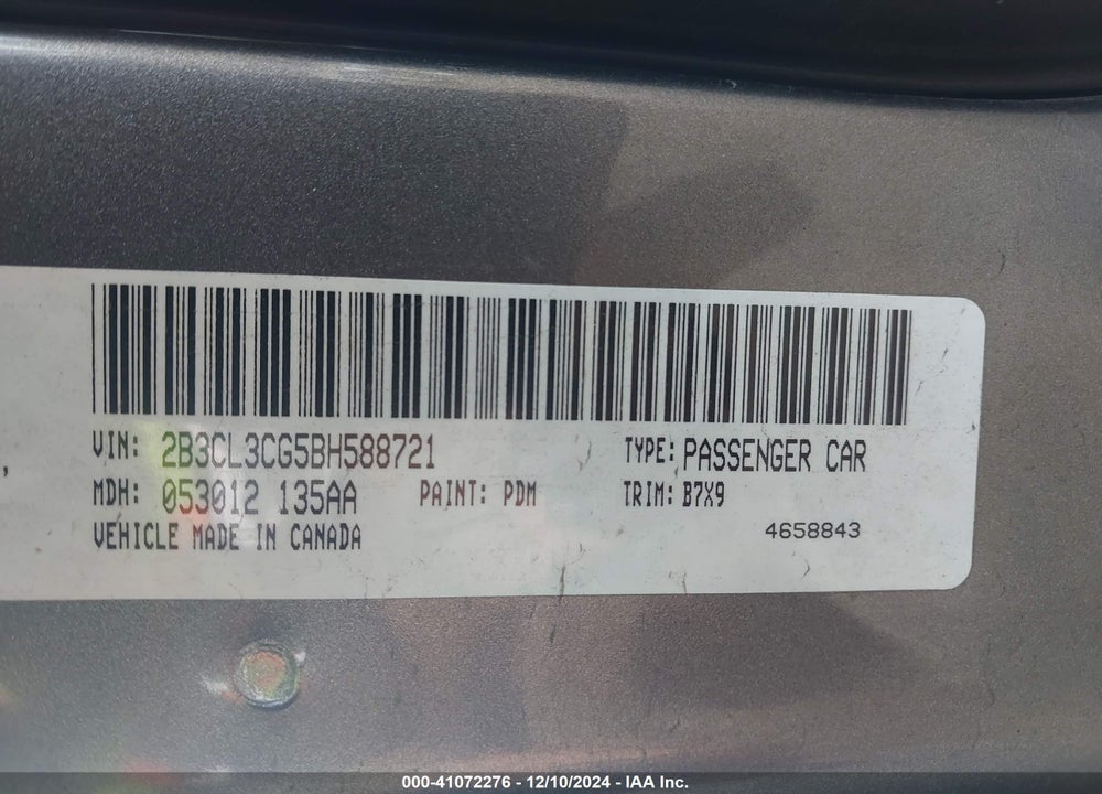 2011 DODGE CHARGER VIN: 2B3CL3CG5BH588721