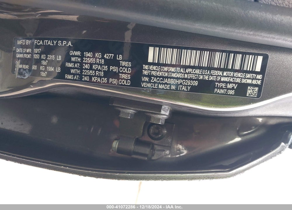 2017 JEEP RENEGADE ALTITUDE FWD VIN: ZACCJABB0HPG29309