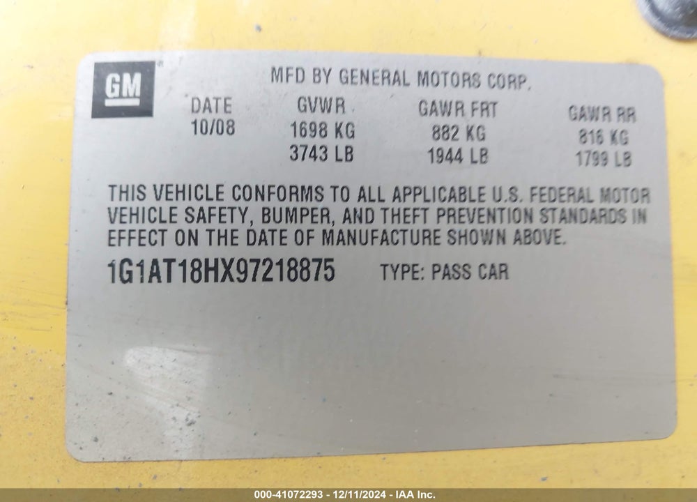 2009 CHEVROLET COBALT LT VIN: 1G1AT18HX97218875