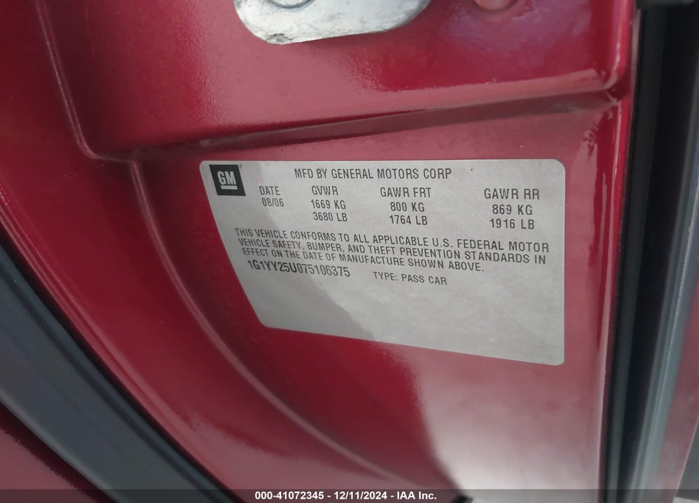 2007 CHEVROLET CORVETTE VIN: 1G1YY25U075106375